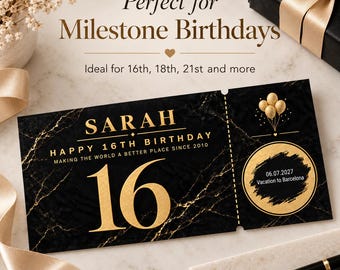 Personalised 16th Birthday Scratch Reveal Ticket, Gold Voucher Card