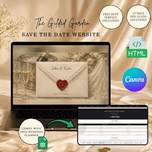 May include: A laptop displays a wedding invitation design with the text "John & Katie" and a heart-shaped seal. The image promotes a "Save the Date Website" with a free RSVP service, a 13-page PDF guide, and a free wedding planner.