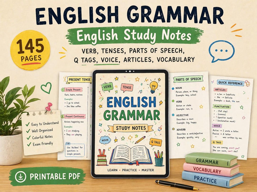 English Grammar Study Notes PDF | Tenses, Verbs, Parts of Speech ...