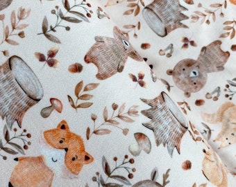 Jersey ECO | Tecido Jersey Infantil | Jersey Eco Pele de Pêssego | Tecido Infantil | Ursos e Raposas na Floresta