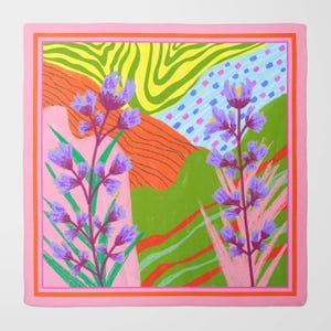Purple Flowers Silk Scarf on Decorative Bright Backgr. | Luxury Square Scarf for Women | Wrap in Unique Printed Designs | Gift for a woman