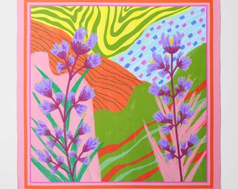 Purple Flowers Silk Scarf on Decorative Bright Backgr. | Luxury Square Scarf for Women | Wrap in Unique Printed Designs | Gift for a woman