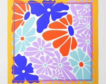 Fun Floral Design Silk Scarf - Yellow, Blue, Orange | Luxury Square Scarf for Women | Wrap in Unique Printed Designs | Gift for a woman