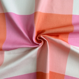 100% Cotton Denim Fabric | Geometric Cotton | Bold Plaid Texture in Pink, Orange, White | Eco-print