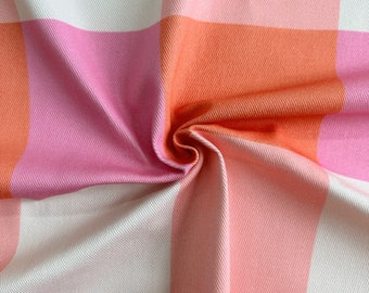 100% Baumwolle Denim Stoff | Geometrische Baumwolle | Mutige karierte Textur in Pink, Orange, Weiß | Eco-Druck