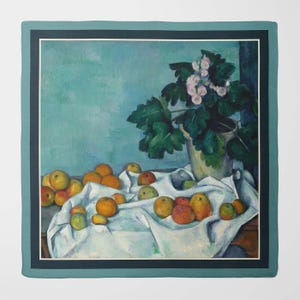 Still life with apples and a pot of primroses silk scarf | Luxury Square Scarf for Women | Wrap in Unique Printed Designs | Gift for a woman