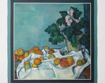 Still life with apples and a pot of primroses silk scarf | Luxury Square Scarf for Women | Wrap in Unique Printed Designs | Gift for a woman