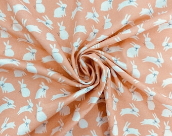 Kids Cotton Jersey | Cotton knit fabric | Eco-Friendly Single Jersey | Children's Print: White rabbits on a beige background