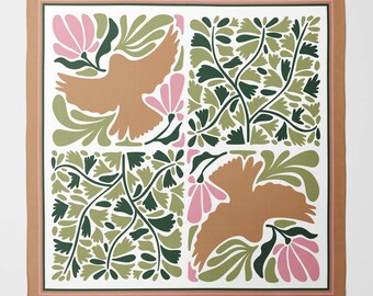 Elegant Floral and Bird Silk Scarf - Beige, Green, Pink | Luxury Square Scarf for Women | Wrap in Unique Printed Designs | Gift for a woman
