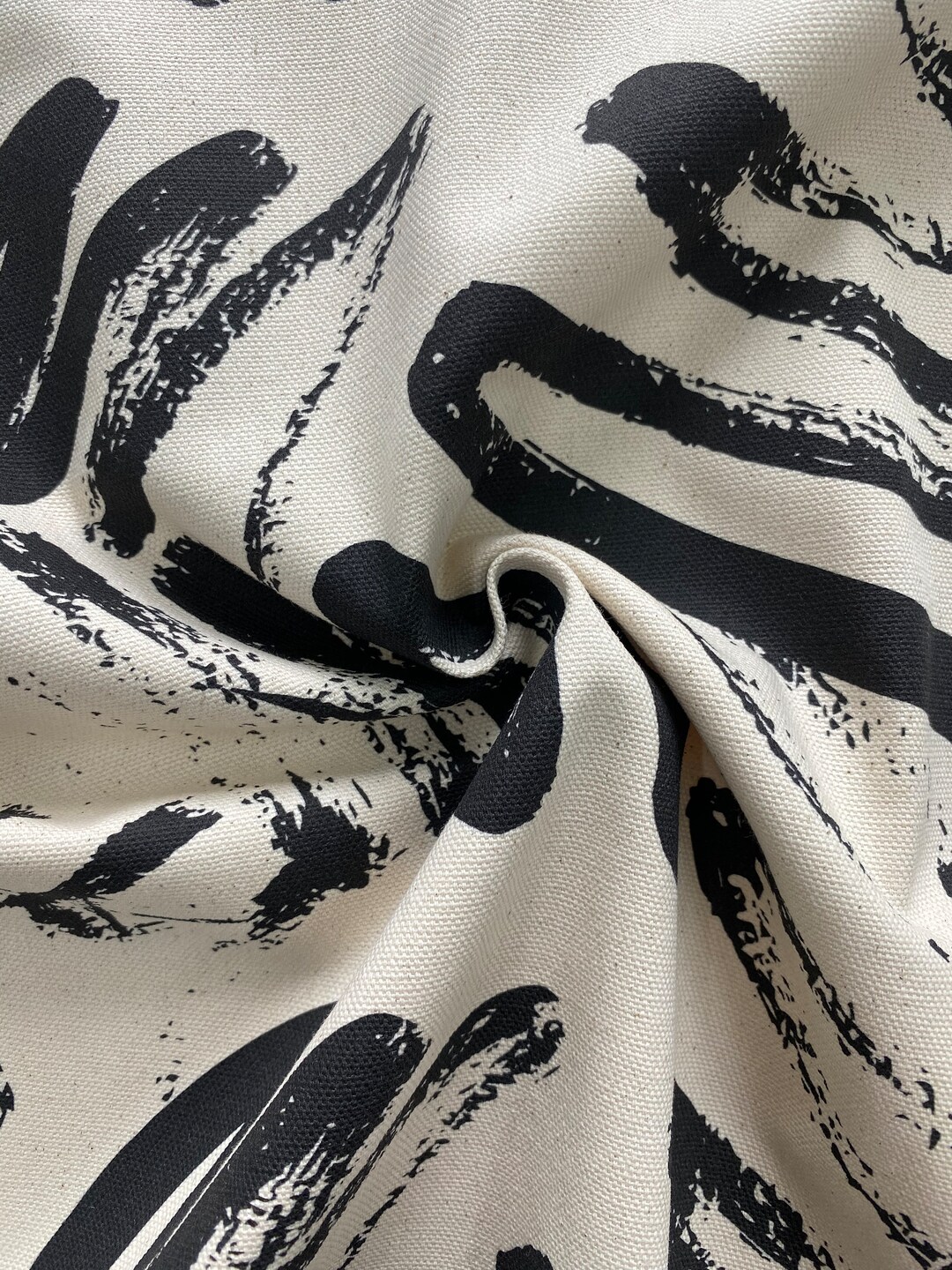 Organic Cotton Fabric Abstract Black Brush Lines Fabric Organic Cotton