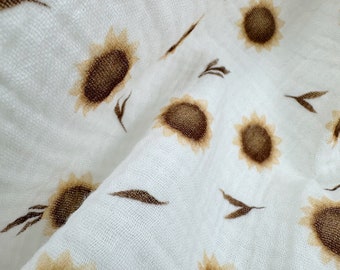 Sonnenblumen doppel Gaze | Doppel Gaze Stoff | Blumendruck Stoff | Floraler Baumwollstoff | Zarte Sonnenblumen Print | Musselin Baumwolle