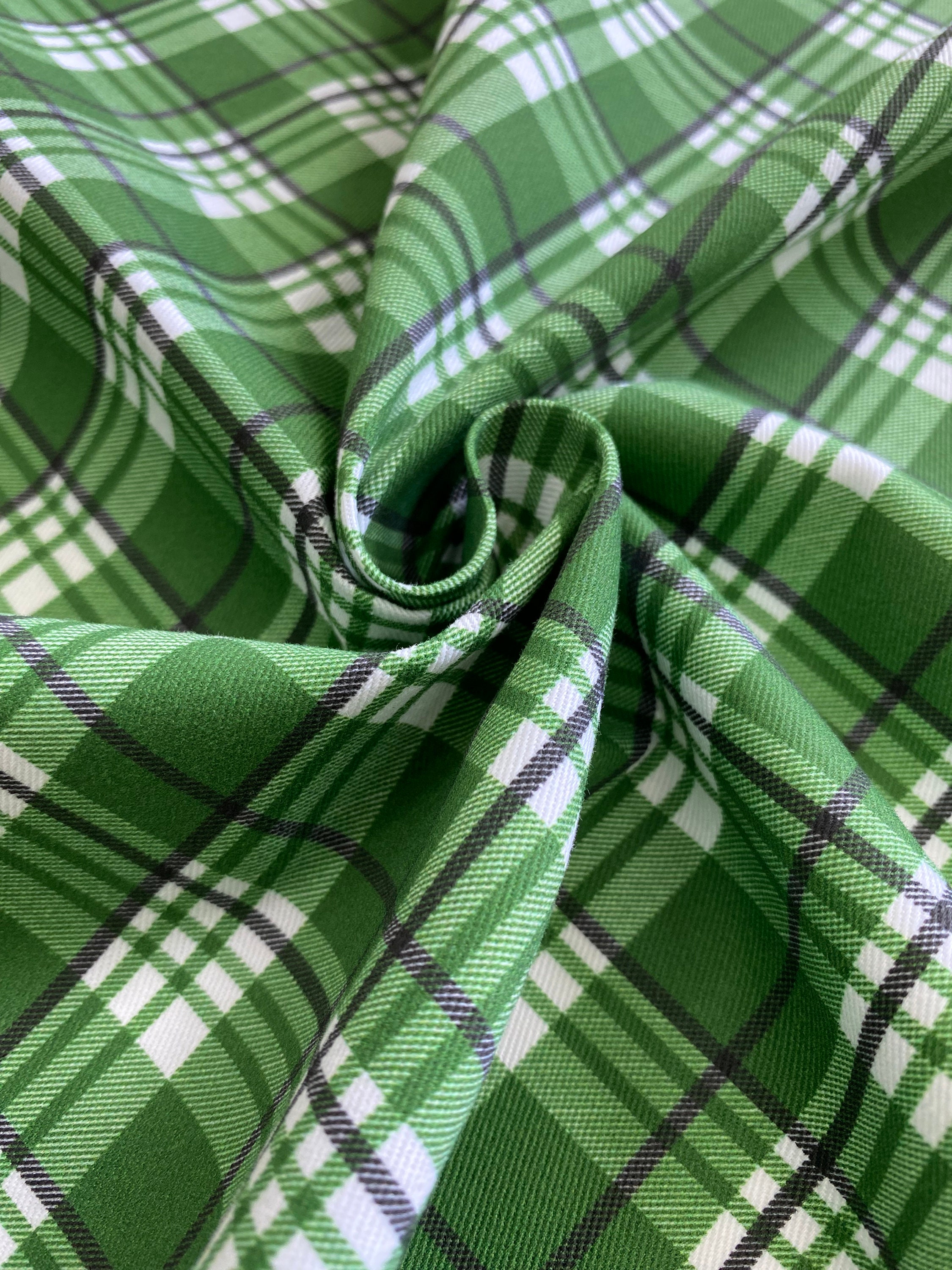 Plaid Cotton |  Cotton Twill Fabric | Green White Black Checkered