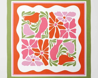 Floral Bird Print Silk Scarf | Recycled Polyester, Square Wrap