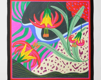 Silk Scarf with Lilies on Bright Decorative Background | Luxury Square Scarf for Women | Wrap in Unique Printed Designs | Gift for a woman