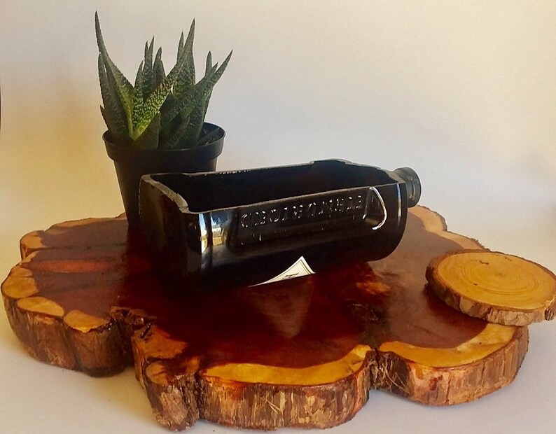 Hendrix London Gin Liquor Bottle cut lengthwise crafts serving dish Planter Indoor Plants Succulent Glass Terrarium