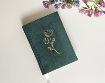 Handbound Handmade Velvet Blank Notebook, A6 format Custom colour Journal, Notebook with Tulip Ornament