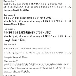 May include: Six different font styles are shown with uppercase and lowercase letters, numbers, and symbols. Each font style has an example using the text "Susan & Kevin". The last font style has an example using the text "Susan & Kevin" with a heart symbol between the names.