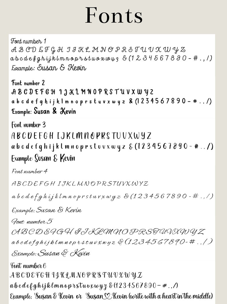 May include: Six different font styles are shown with uppercase and lowercase letters, numbers, and symbols. Each font style has an example using the text "Susan & Kevin". The last font style has an example using the text "Susan & Kevin" with a heart symbol between the names.