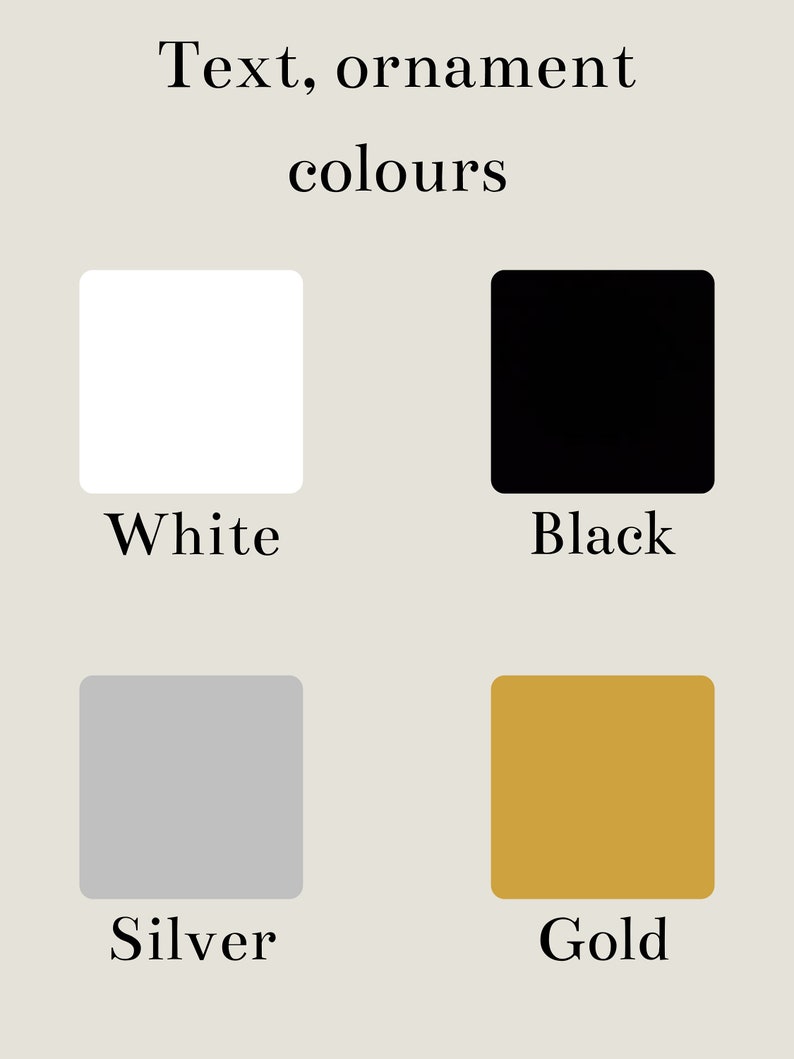 May include: Text, ornament colours: white, black, silver, gold. Four colour swatches are shown.