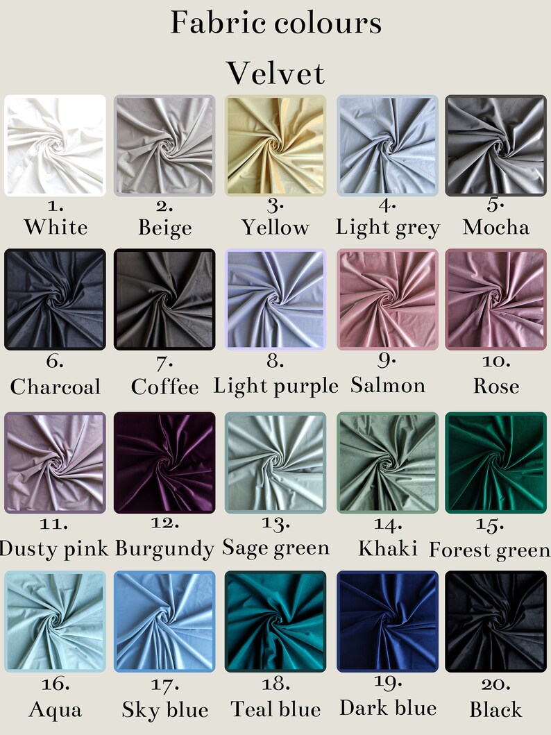 May include: Swatch card displaying 20 different velvet fabric colours. The colours are arranged in rows of five. The colours include white, beige, yellow, light grey, mocha, charcoal, coffee, light purple, salmon, rose, dusty pink, burgundy, sage green, khaki, forest green, aqua, sky blue, teal blue, dark blue, and black.