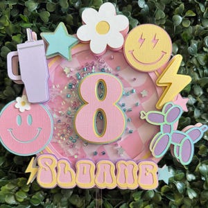 May include: A colorful birthday cake topper with a pink and yellow theme. The topper features a large number 8, a name, smiley faces, a flower, a star, a lightning bolt, and a balloon dog. The background is a pink and white checkered pattern.