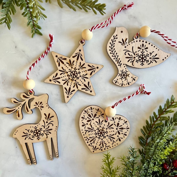 Scandinavian Christmas ornaments, wood ornaments, Norwegian Christmas ornaments, folk art ornaments