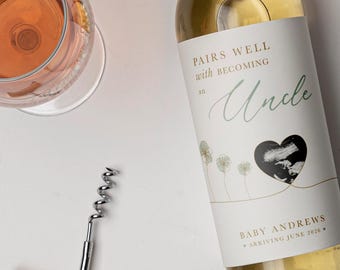 Personalised | NEW Baby | Wine Bottle Label | Floral | Celebration | Gift | Keepsake | ANNOUNCEMENT | Uncle | Auntie | Grandparents