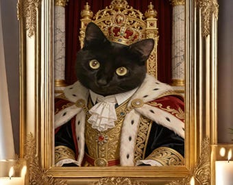 Royal Cat Portrait Print – Funny King Cat, Dog Wall Art – Regal Black Cat, Dog Portrait – Renaissance Pet Art Poster – Cat, Dog Lover Gift