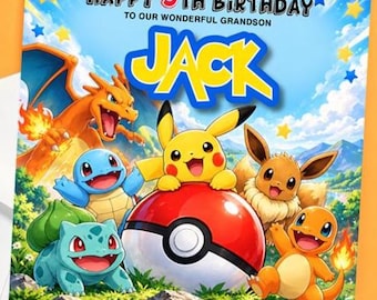 Può includere: Un biglietto d'auguri quadrato per il compleanno con busta bianca che riporta il testo HAPPY 9TH BIRTHDAY TO OUR WONDERFUL GRANDSON JACK e illustrazioni colorate di Pikachu, Charizard, Squirtle, Bulbasaur, Eevee e Charmander con una Poké Ball.
