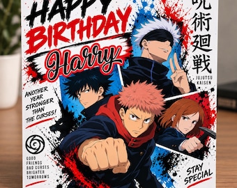 Può includere: Un biglietto d'auguri quadrato con personaggi di Jujutsu Kaisen e schizzi di vernice rossa e blu. Il testo recita Happy Birthday Harry, Another year stronger than the curses!, Good friends bad curses brighter tomorrows e Stay Special.