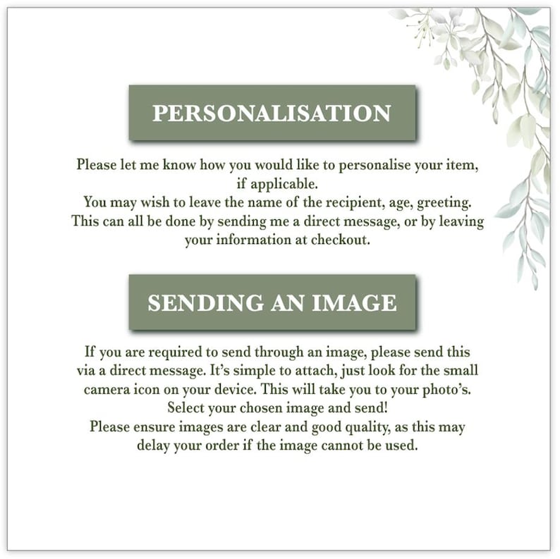 Puede incluir: Fondo blanco con texto sobre personalizaci&oacute;n y env&iacute;o de im&aacute;genes. El texto incluye instrucciones sobre c&oacute;mo personalizar un art&iacute;culo y c&oacute;mo enviar una imagen a trav&eacute;s de un mensaje directo. Elementos florales decorativos en la esquina superior derecha.