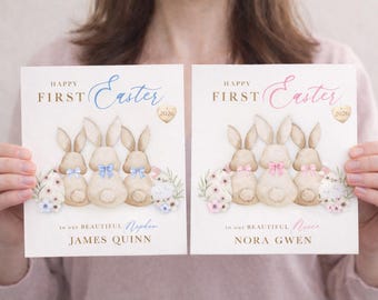 Personalised First Easter Card for Niece or Nephew – Custom Bunny Easter Card – Baby’s First Easter 2026 – Son Daughter Grandchild Blue Pink