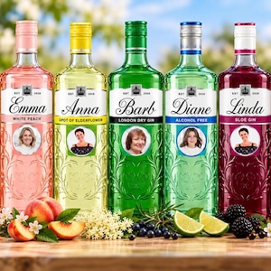 May include: Seven glass bottles of gin in various colours, each featuring a custom label with a name, a circular portrait, and a flavour description. The bottles are arranged in a row, displaying orange, peach, yellow, green, blue, purple, and pink hues.