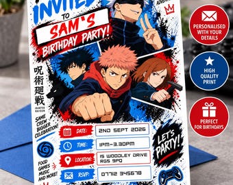 Puede incluir: Una invitación de cumpleaños rectangular con personajes del anime Jujutsu Kaisen. El texto dice: You're Invited To Sam's Birthday Party, Jujutsu Kaisen, Same Crew Bigger Celebration, Let's Party, Date 2nd Sept 2026, Time 1pm-3.30pm, Location 15 Woodley Drive RGS 9PQ, RSVP 07712 345678.