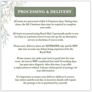 Puede incluir: Texto sobre fondo blanco con informaci&oacute;n sobre procesamiento y entrega. El texto negro est&aacute; centrado. Un rect&aacute;ngulo verde en la parte superior dice "PROCESSING & DELIVERY". Hojas decorativas en la esquina superior izquierda.