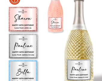 Personalised SPARKLY Happy Birthday / Mother's Day Prosecco Bottle Label/Sticker SPARKLY BORDER Special Gift ~ Any wording