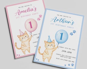 Personalised First Birthday Invitation | Blue, Pink | Cute Cat Illustration | Cute Animal Party Invitation | Printable | Editable | Custom
