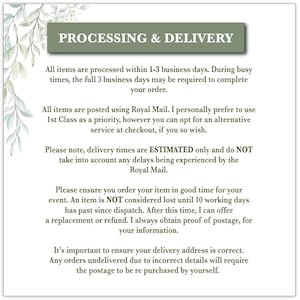 Pu&ograve; includere: Una scheda informativa bianca con un'intestazione verde salvia che recita PROCESSING & DELIVERY. Il testo descrive i tempi di elaborazione, le preferenze di spedizione con Royal Mail, i tempi di consegna stimati e le politiche sugli ordini.