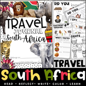 Puede incluir: Un diario de viaje "Sudáfrica" con ilustraciones de animales africanos, como un león, un rinoceronte y un elefante. El diario incluye páginas de actividades con el texto "Did You Know?" e "I Spy in South Africa."