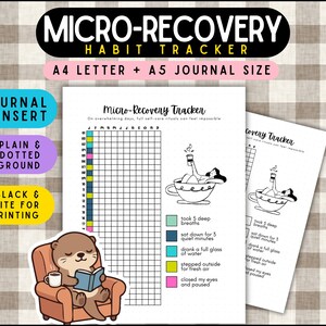 Może przedstawiać: Wkładka do dziennika śledzenia nawyków zatytułowana "Micro-Recovery Habit Tracker". Projekt zawiera siatkę do śledzenia nawyków, wydrę czytającą książkę oraz tekst "A4 LETTER + A5 JOURNAL SIZE".