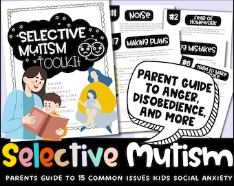 Puede incluir: Una ilustración en blanco y negro de un padre leyendo a un niño. La ilustración forma parte de un kit de herramientas para padres de niños con mutismo selectivo. El kit de herramientas incluye información sobre la ira, el estrés, la obediencia, la tarea y más. El título del kit de herramientas es "Selective Mutism Toolkit".