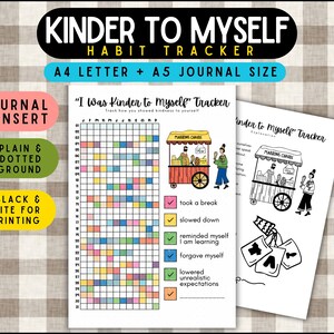 Pode incluir: Um rastreador de hábitos intitulado "Kinder to Myself" com o texto "A4 Letter + A5 Journal Size". O design inclui uma grade colorida para rastrear hábitos, uma inserção de diário e um design em preto e branco para facilitar a impressão.