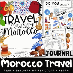 May include: A travel journal titled "Morocco" with illustrations of Moroccan cultural elements. The journal includes pages for writing, coloring, and learning about Morocco. The image features a red fez, a teapot, and other Moroccan-themed graphics.