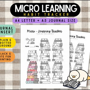 Puede incluir: Un rastreador de hábitos imprimible con el texto "Micro Learning Habit Tracker" y "A4 LETTER + A5 JOURNAL SIZE". El diseño incluye pilas de libros con corazones, una lámpara de escritorio y un ordenador. El fondo es liso y punteado, en blanco y negro para una fácil impresión.