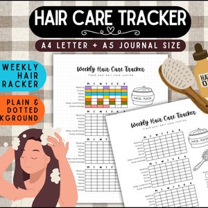 以下が含まれることがあります： プレーンとドットの背景を持つ、毎週のヘアケアトラッカー。画像には、ヘアケアルーチンチャート、ヘアオイルボトル、ヘアブラシ、髪を洗っている人のグラフィックが含まれています。テキストは「ヘアケアトラッカー」と書かれています。