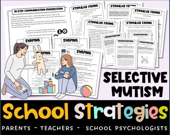 Puede incluir: Una infografía colorida con ilustraciones de niños y un conejo. La infografía se titula "Estrategias Escolares para el Mutismo Selectivo" e incluye el texto "Padres - Maestros - Psicólogos Escolares".