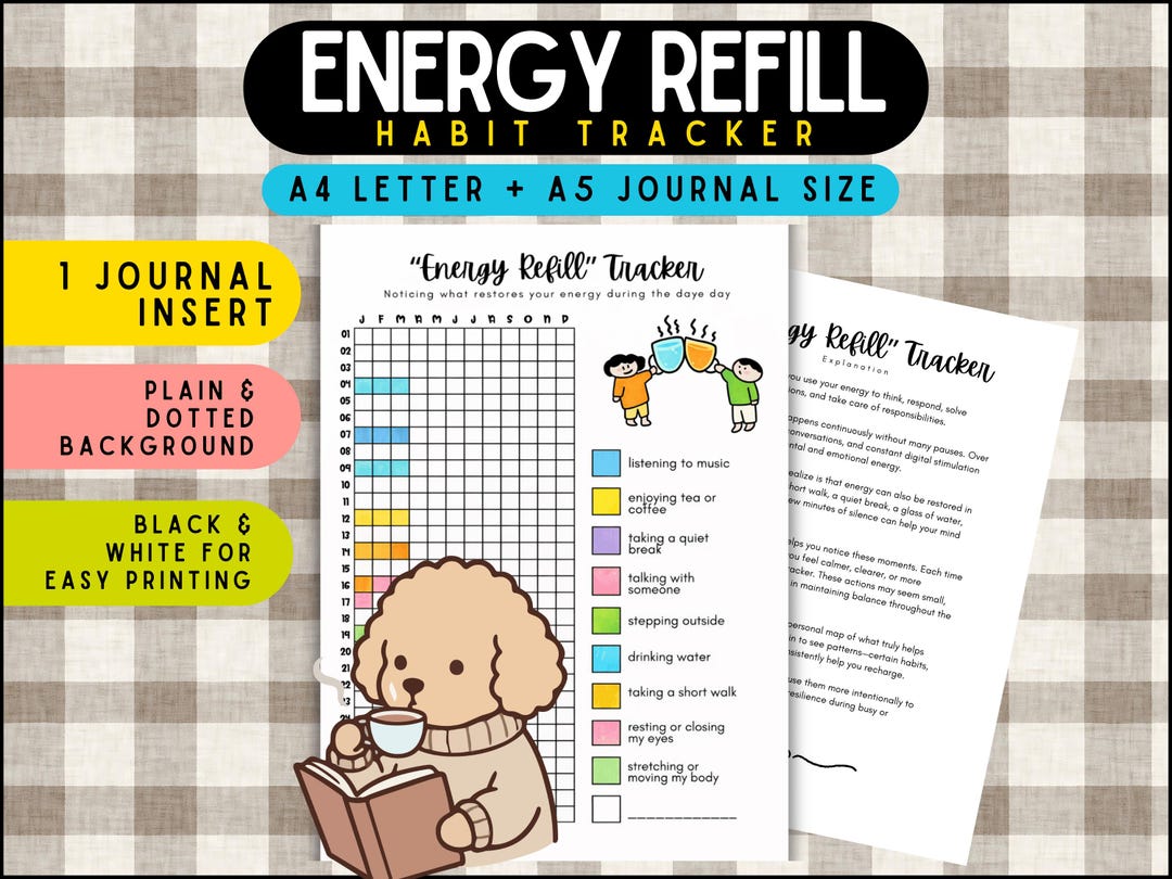 Recharge Tracker Energy Refill Tracker Printable Self Care Habit Tracker Mental Health ...