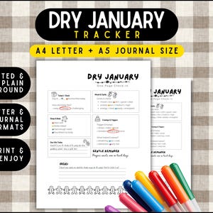 May include: A printable "Dry January Tracker" journal page with a black and white design. The page includes sections for daily check-ins, mood and clarity, sleep and body, cravings and triggers, and ideas. The image also shows colorful markers.
