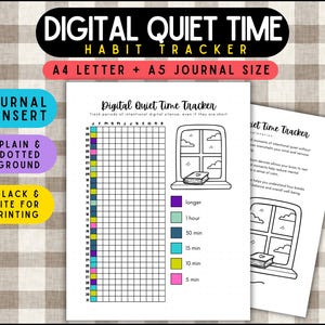 Pode incluir: Um rastreador de hábitos em preto e branco com o texto "DIGITAL QUIET TIME HABIT TRACKER" e "A4 LETTER + A5 JOURNAL SIZE". O rastreador inclui uma grade para rastrear períodos de silêncio digital intencional, com intervalos de tempo codificados por cores.
