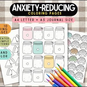 Könnte beinhalten: Angstreduzierende Malvorlagen mit Gläser- und Gebäckdesigns. Die Seiten sind im A4- und A5-Format. Enthält 10 Malvorlagen mit sich wiederholenden einfachen Mustern. Buntstifte befinden sich unten rechts.